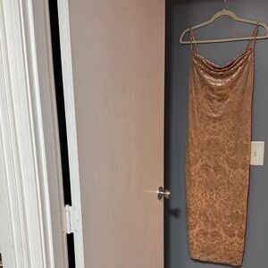 bebe Bronze Velvet Cowl Neck Slip Dress